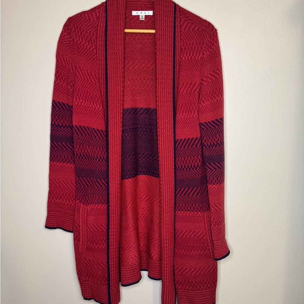 CAbi Red Patterned Open Front Long Cardigan Size S‎